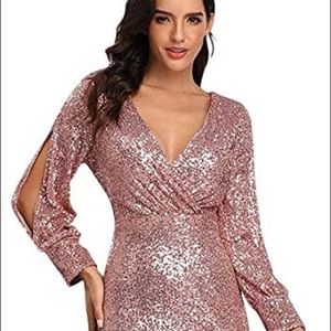 Gold Pink Sequin Wrap V-Neck Bodycon Dress